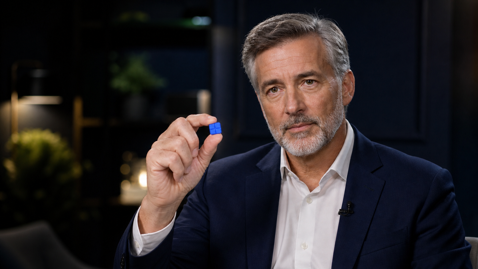 Men's health expert presenting a blue rapid-dissolve tablet